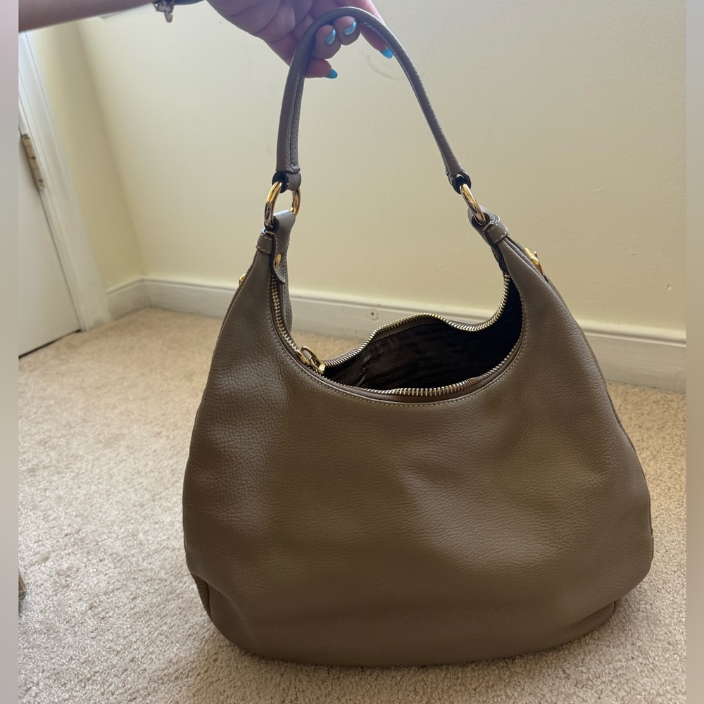 Prada Leather Hobo Shoulder Bag Taupe with Gold Hardware - Picture 5 of 10
